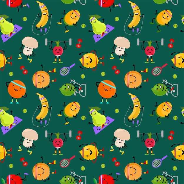 Sport fruits characters seamless pattern Funny fruit foods on sport exercises fitness vitaminic