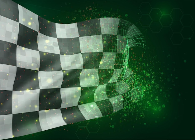 스포츠 게임은 다각형 및 데이터 번호가 있는 녹색 배경에 벡터 3d 플래그를 완료합니다.