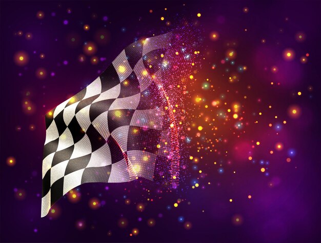 Vector sport games finish vector 3d flag on pink purple background with lighting and flares