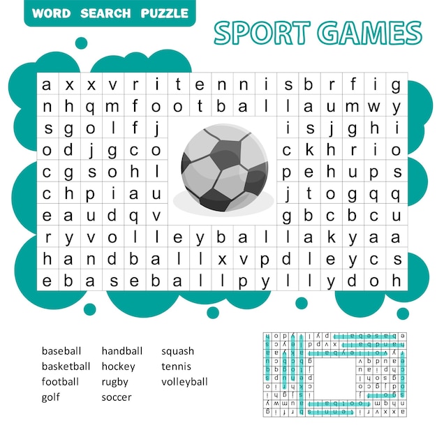 Sport games themed word search puzzle for kids. answer included. fun education game for kids, preschool worksheet activity, vector illustration