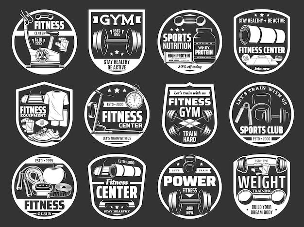 Vector sport gereedschap en apparatuur geïsoleerde iconen van gym