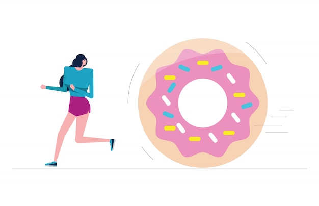 Sport girl run away from big donut