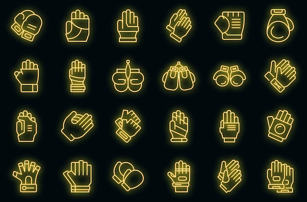 Sport gloves icons set outline vector fingers sport vector neon