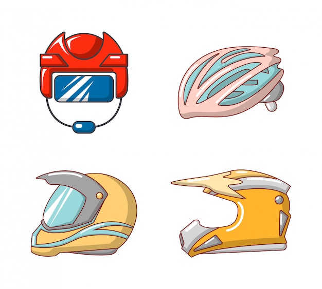 Set di icone di casco sportivo. l'insieme del fumetto delle icone di vettore del casco di sport ha messo isolato