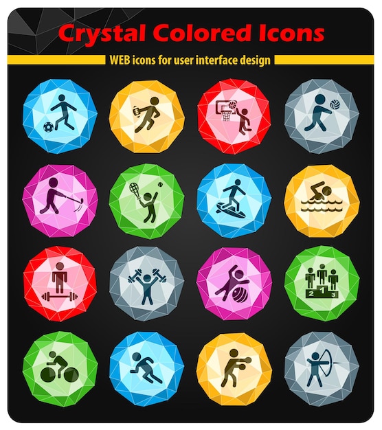 Sport icons on colored buttons crystals