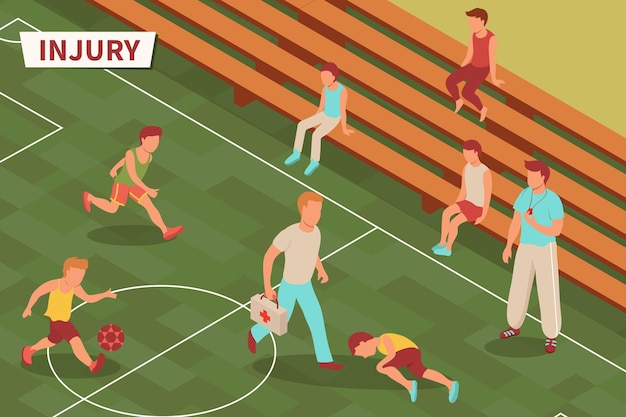 Sport injury isometric composition with text and football playground with injured teenage player and his teammates  illustration