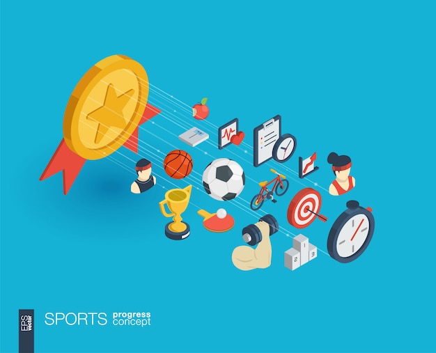 Sport integrated  web icons. digital network isometric progress concept. connected graphic  line growth system. abstract background for healthy, lifestyle, fitness and gym.  infograph