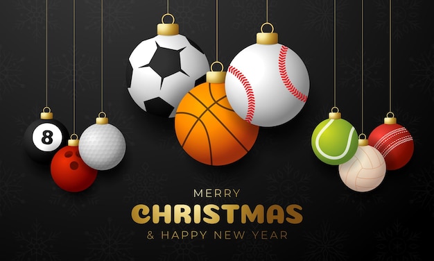 Sport kerst wenskaart. kerstkaart met sporthonkbal, basketbal, voetbal, tennis, cricket, voetbal, volleybal, bowlen, biljartballen hangen aan een draad. vector illustratie.