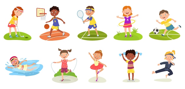 Sport kids Basketball kid karate boy and girl playing golf Swimming soccer and tennis activities Jump rope spin a hoop do ballet and exercises vector set