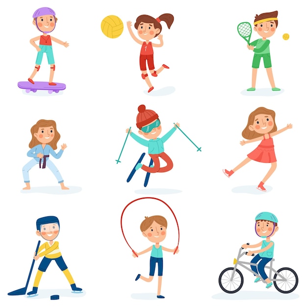 Sport bambini cartone animato bambino atleti scuola materna attività sportive bambini basket calcio e ginnastica esercizi illustrazione vettoriale set infanzia sportiva e sana