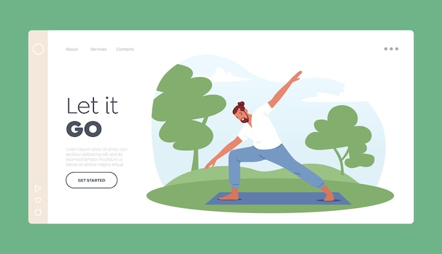 スポーツ ライフ アクティビティ ランディング ページ テンプレート公園のマットの上に立ってヨガ アーサナやエアロビクスの練習をしている健康な男性