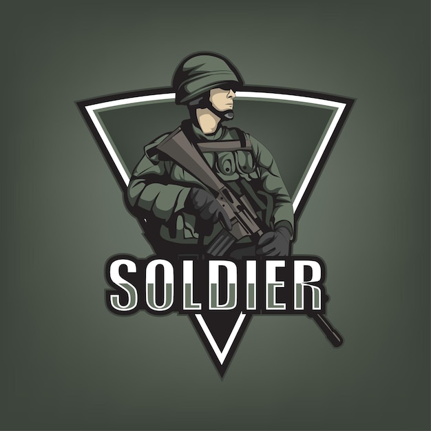 Sport logo label with soldier illustration on dark background. Vector illustration.