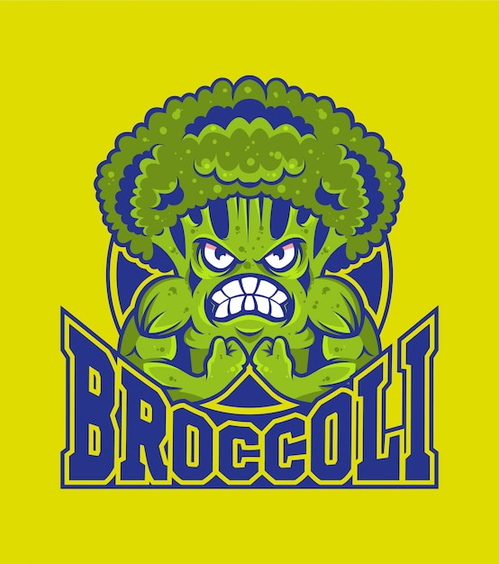 Sport logo ontwerp van sterke cartoon gespierde broccoli. Mascotte cartoon karakter gezonde voeding concept.