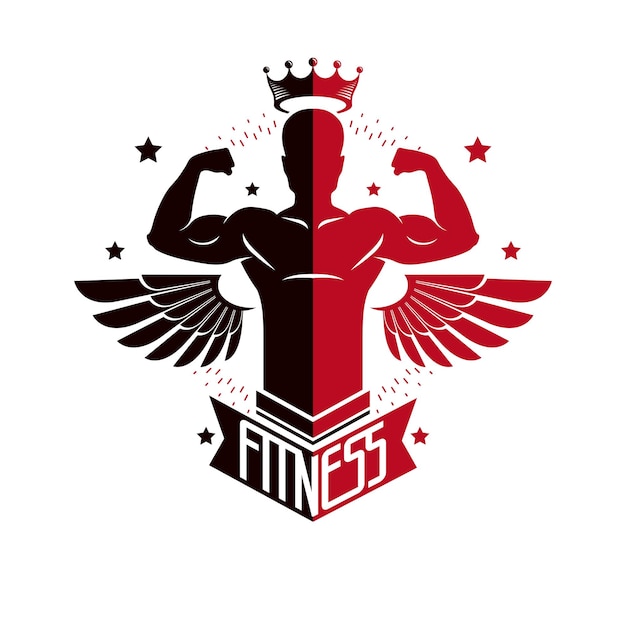 Sport logo voor gewichtheffen sportschool en fitnessclub, retro stijl vector embleem met vleugels. met sportman silhouet.