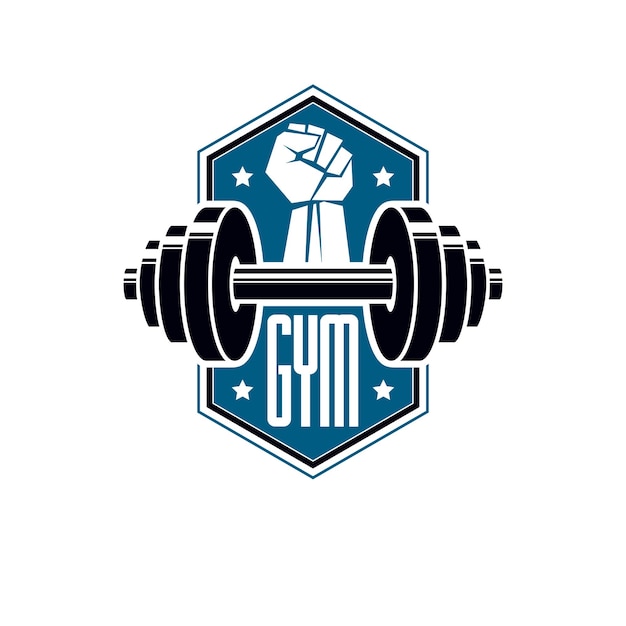 Sport logo for weightlifting gym and fitness club, retro style vector emblem. with barbell.