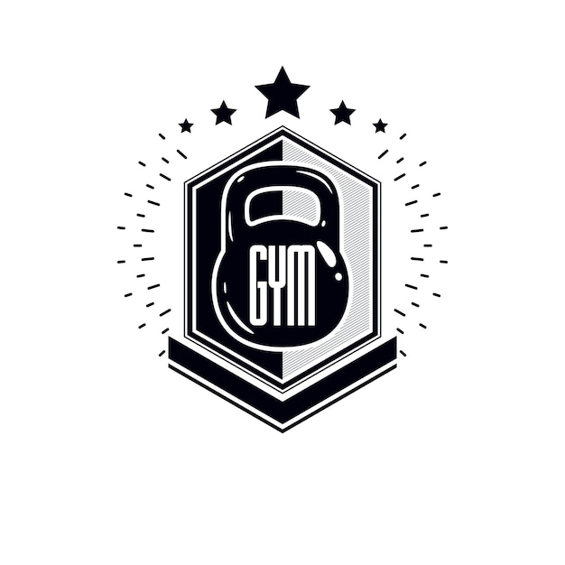 Sport logo for weightlifting gym and fitness club, retro stylized vector emblem or badge. With kettlebell.