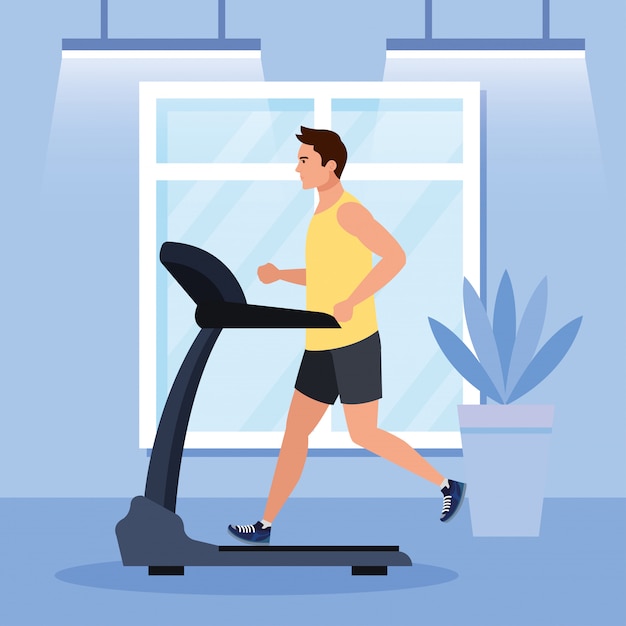 Sport, man running on treadmill in the house, sport person at the electrical training machine in gym home