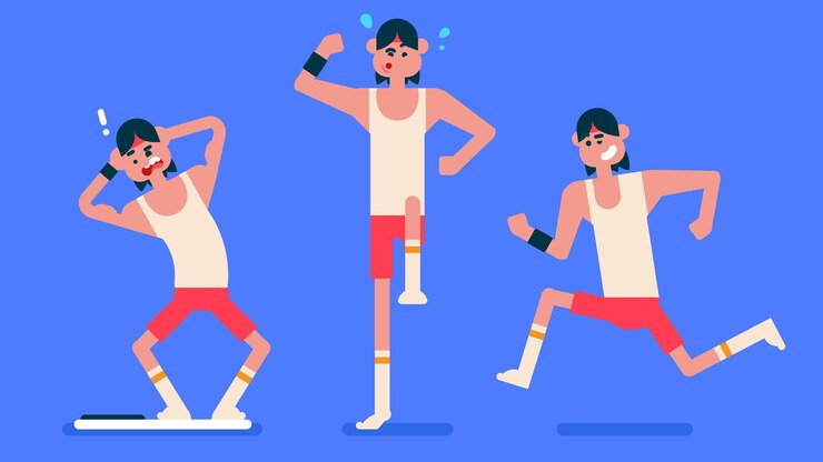 Vector sport man with thin body wear red underwear doing exercise, player running, surprised to gain weight