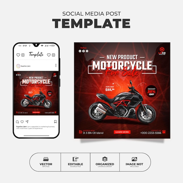 Vettore sport motor bike social media instagram post e modello di banner per la promozione