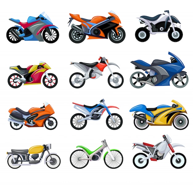 Vector sport motorcycles transport illustration set of cartoon motorbikes collection.