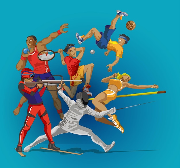 Gruppo di persone sportive. raccolta di diverse attività sportive. atleta professionista che fa sport. elegante carta o banner per il tuo design sportivo illustrazione vettoriale in stile anime cartone animato.