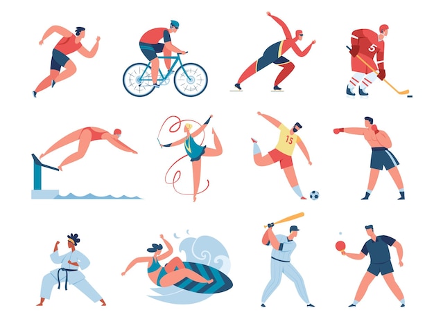 Sport people, professional athlete gymnast, boxer, runner. athletic characters playing baseball, soccer, hockey, sports activities vector set. woman doing rhythmic gymnastics, man playing golf