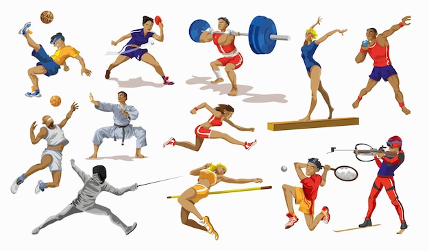 Sport people set. collection of different sport activity.\
professional athlet doing sport. basketball,\
football,karate,tennis,sprint,gymnastic,weightlifter . vector\
illustration in cartoon style.