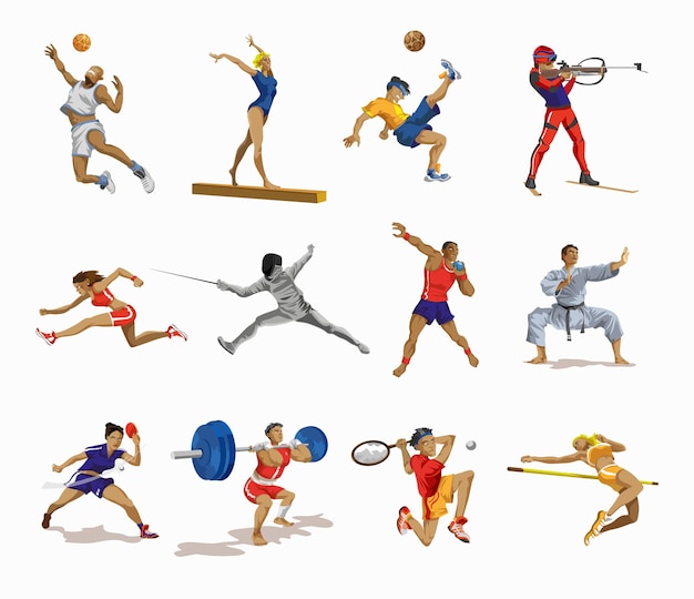 Sport people set collection of different sport activity professional athlet doing sport basketball footballkaratetennissprintgymnasticweightlifter vector illustration in cartoon style