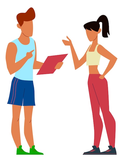 Sport people talking Athlete conversation with gym fitness trainer