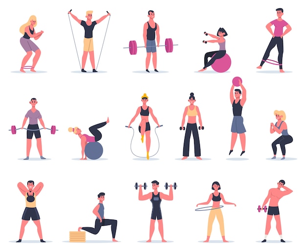 Sport people. young athletes at sport gym, male female fitness\
workout characters training and exercising illustration icons set.\
fitness training exercise, active woman and man, people\
workout