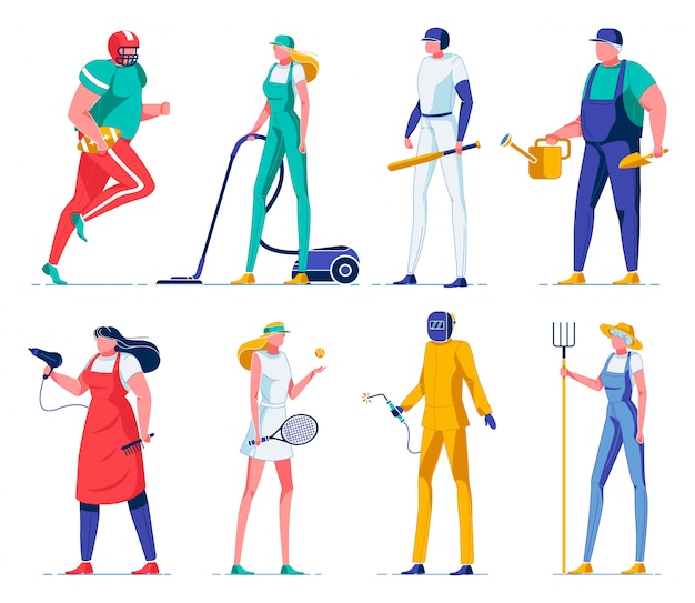 Vector sport players, farmers, cleaners flat characters.