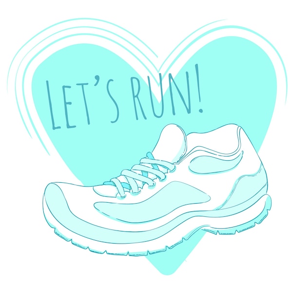Vector sport poster with running shoe illustration and text lets run