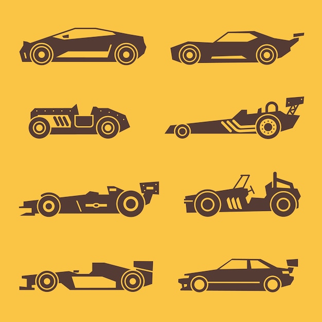 Sport raceauto zwarte pictogrammen. set van auto silhouet illustratie