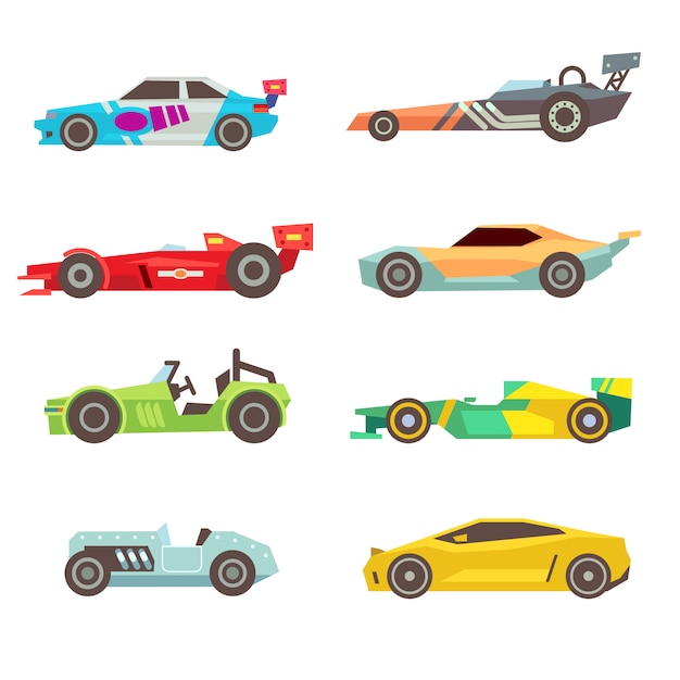 Sport racing car flat icons isolated on white