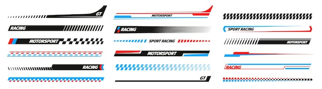 Strisce da corsa sportive velocità di potenza turbo e decalcomania in vinile alla deriva per auto, bici e camion set isolato di adesivi per auto da corsa vettoriale