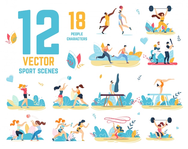 Vector sport scenes set with people characters