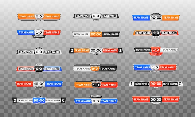 Vettore tabellone segnapunti sportivo con visualizzazione del tempo e dei risultati. grafica di trasmissione del tabellone segnapunti e terzo modello inferiore per il calcio sportivo e il calcio.