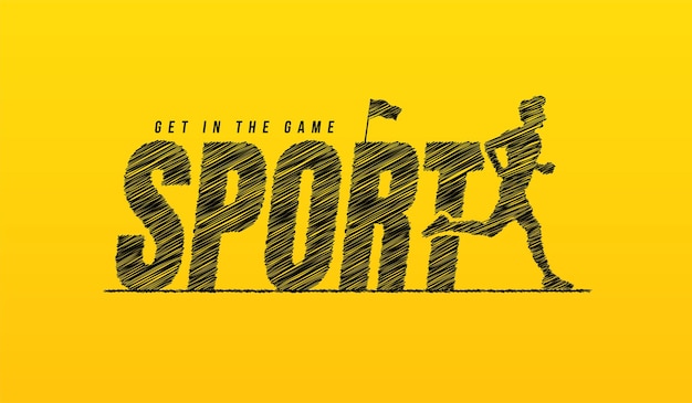 Спортивный каракули текст с бегуном на желтом фоне Ручной обращается спортивная надпись типографии концепция