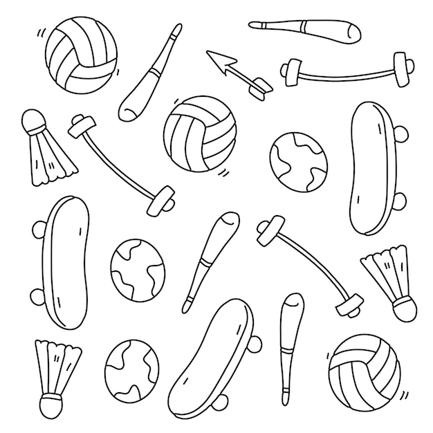 Sport set with doodle line style vector