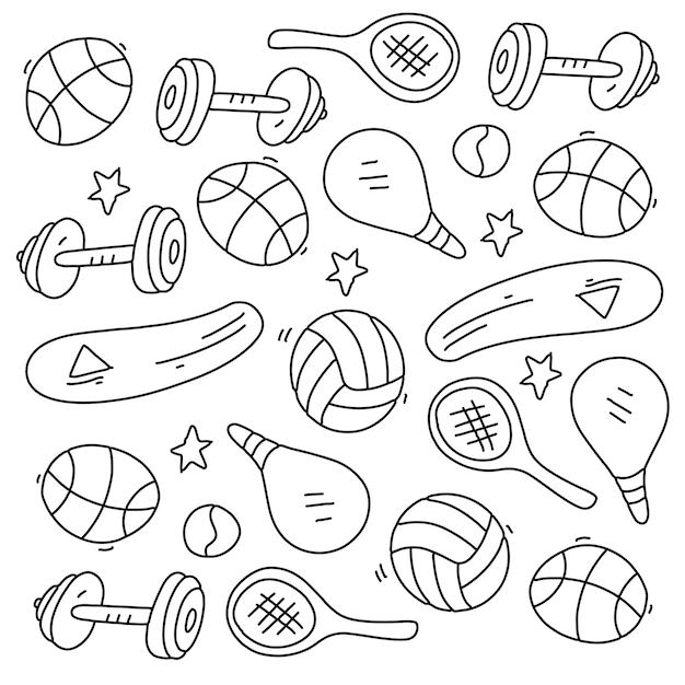 Sport set with doodle line style vector