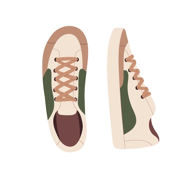 Vettore paio di scarpe sportive. sneakers casual moderne alla moda dall'alto e vista laterale. calzature comode. scarpe da ginnastica comode, indossare i piedi. calzature allacciate. illustrazione vettoriale piatta isolata su sfondo bianco