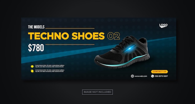 Modello di banner facebook di social media di concetto di stile techno di scarpe sportive per la promozione