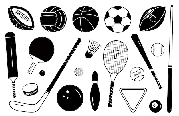 Sport silhouette balls and equipment set Vector collection in a simple style