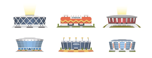 Vector sport stadium front view collection in cartoon style. city arena exterior
