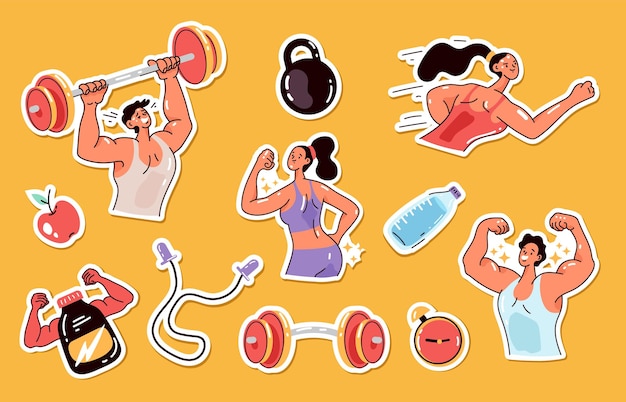 Sport sticker training apparatuur passen geïsoleerde set cartoon grafisch ontwerp element illustratie