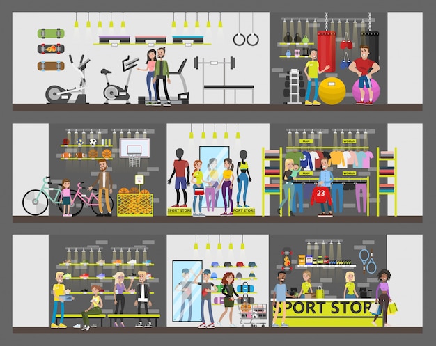 Sport store city building with customers and equipment.