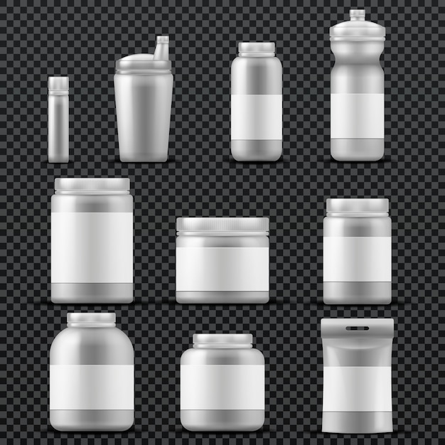 Sport supplement plastic pot containers voor drankjes en poeder. vector sjablonen geïsoleerd. sportvoedingverpakking, container met sportsupplement voor bodybuildingillustratie