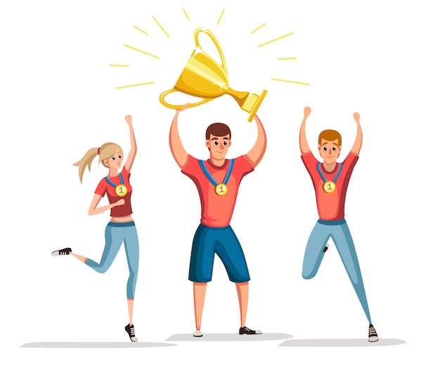 Sport team in red shirts winners. 1st place and trophy golden cup. Cartoon character .   illustration  on white background