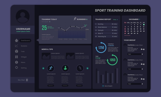 Dashboard di allenamento sportivo con modello in modalità oscura