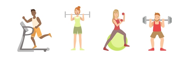 Sport training with man and woman character at gym vector set
